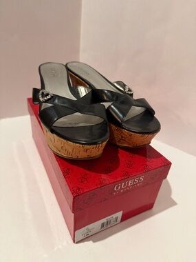 GUESS Black Leather Cork Wedge Slide Sandals with Crystal Heart Accent